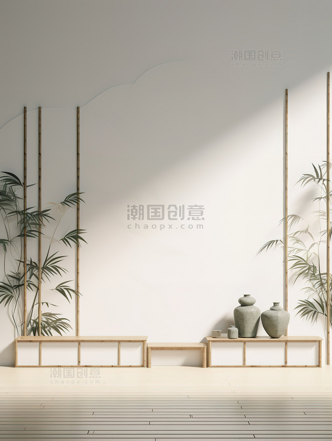 暖白色竹子光影室内中式风格背景