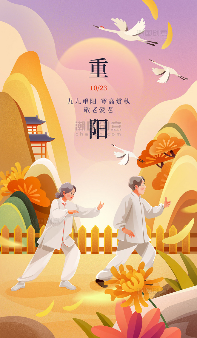 重阳节老年生活老年人太极体育运动祝福插画海报