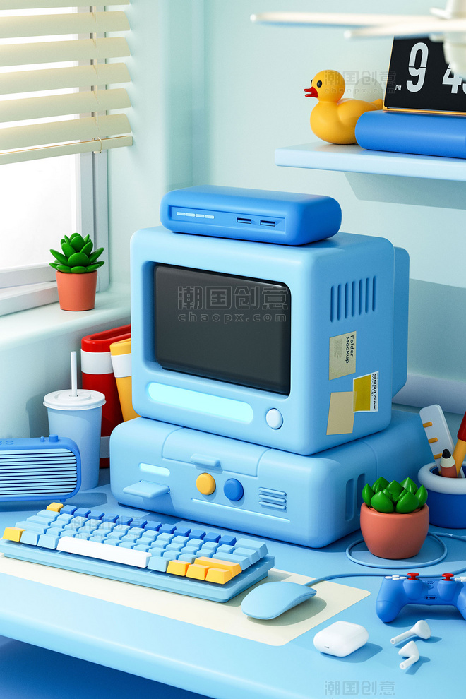3D立体创意蓝色电脑工作台打工人创意桌面场景