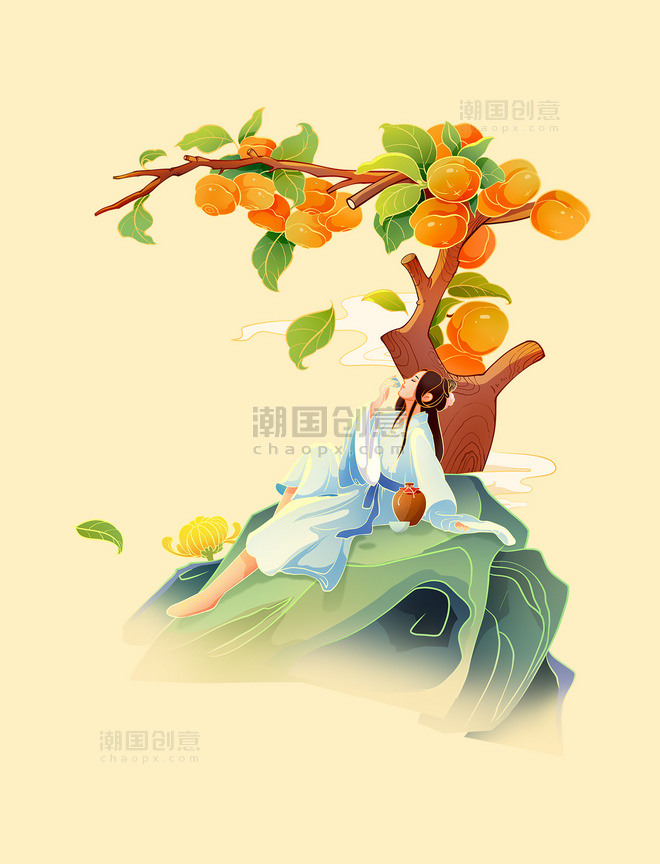 中国风手绘插画古人物柿子树下饮酒元素