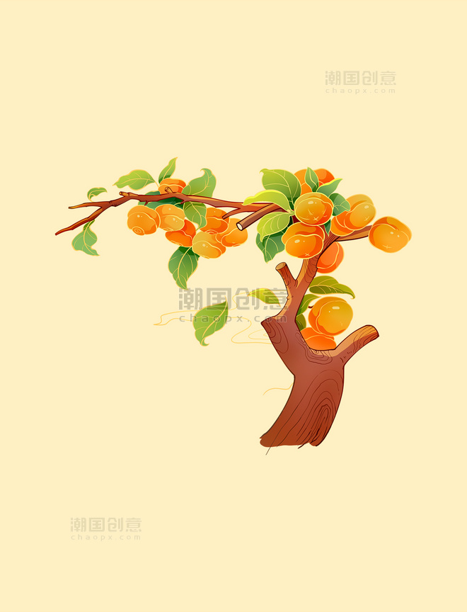 中国风手绘插画柿子树元素
