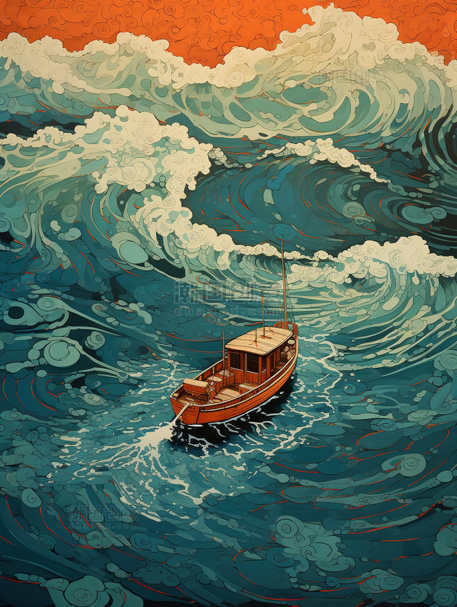 孤独的船和大海插画大海扬帆起航风浪唯美大海