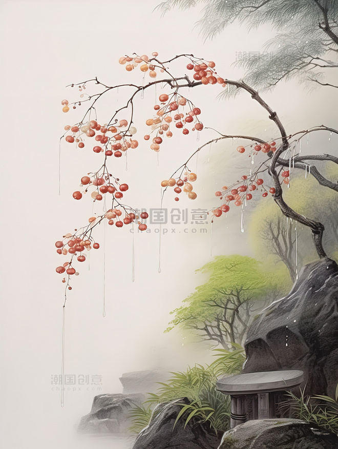 手绘树枝上红色的果实中国风意境唯美秋天秋日秋季