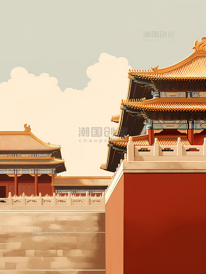 手绘故宫博物馆建筑插画中国风中国历史文物