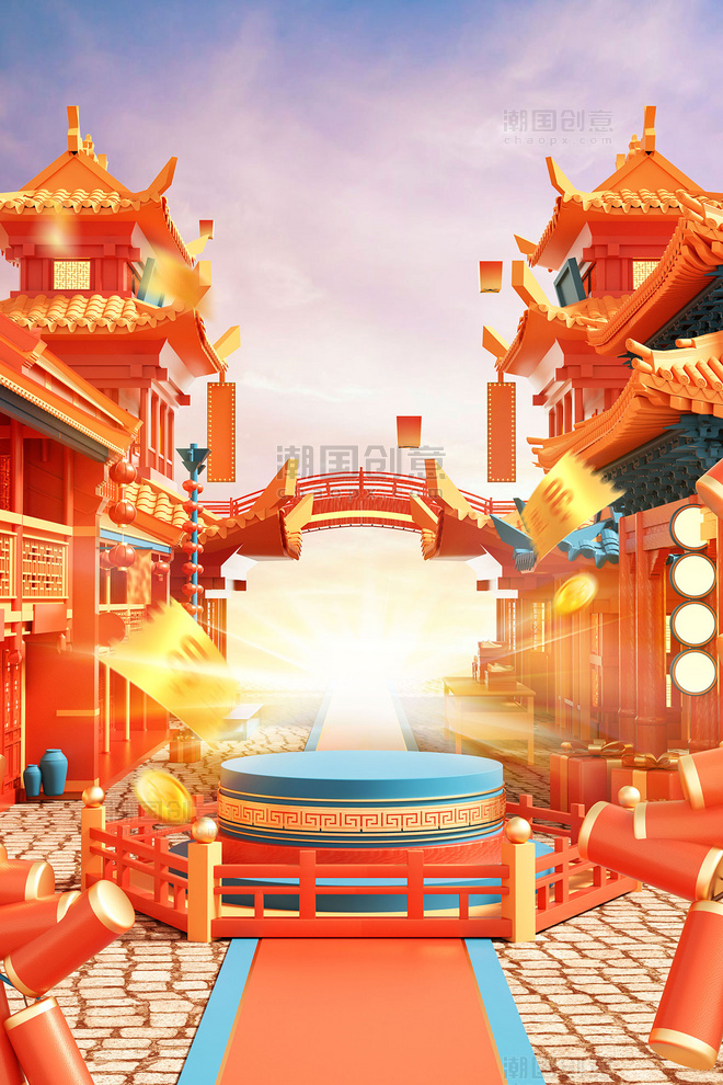 3D立体红色中国风城市节日街道商铺电商促销场景