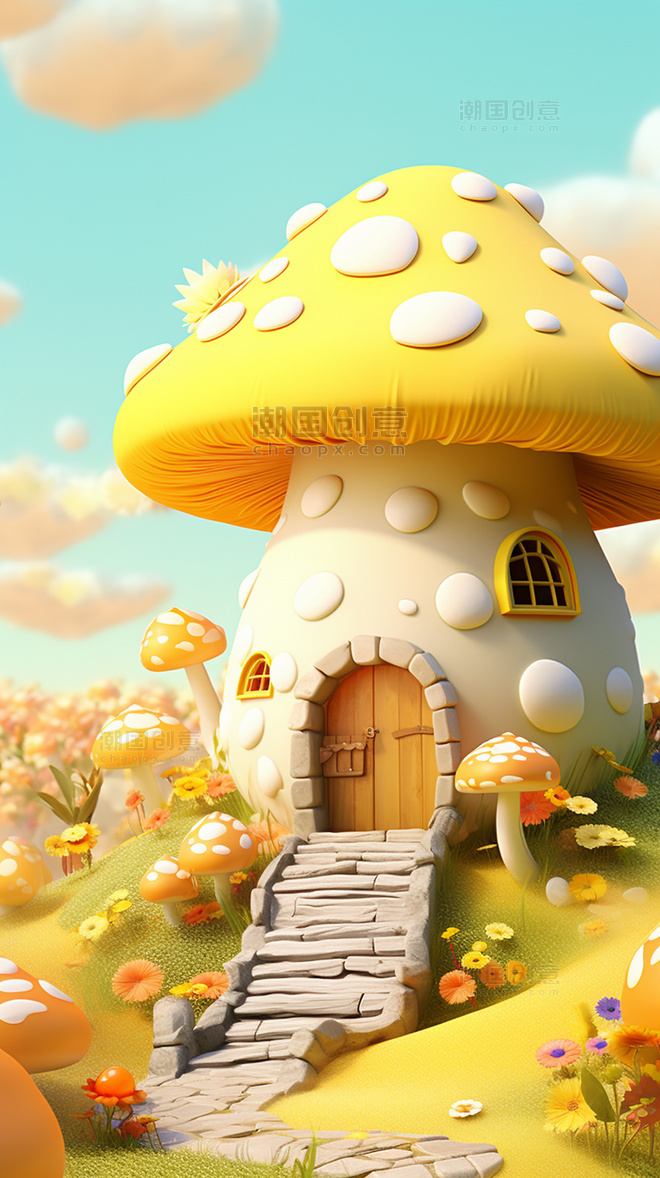 3d蘑菇屋立体创意直播背景童话秋天秋季秋日
