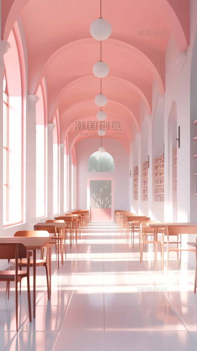 粉色现代时尚潮流立体空间桌子长廊背景