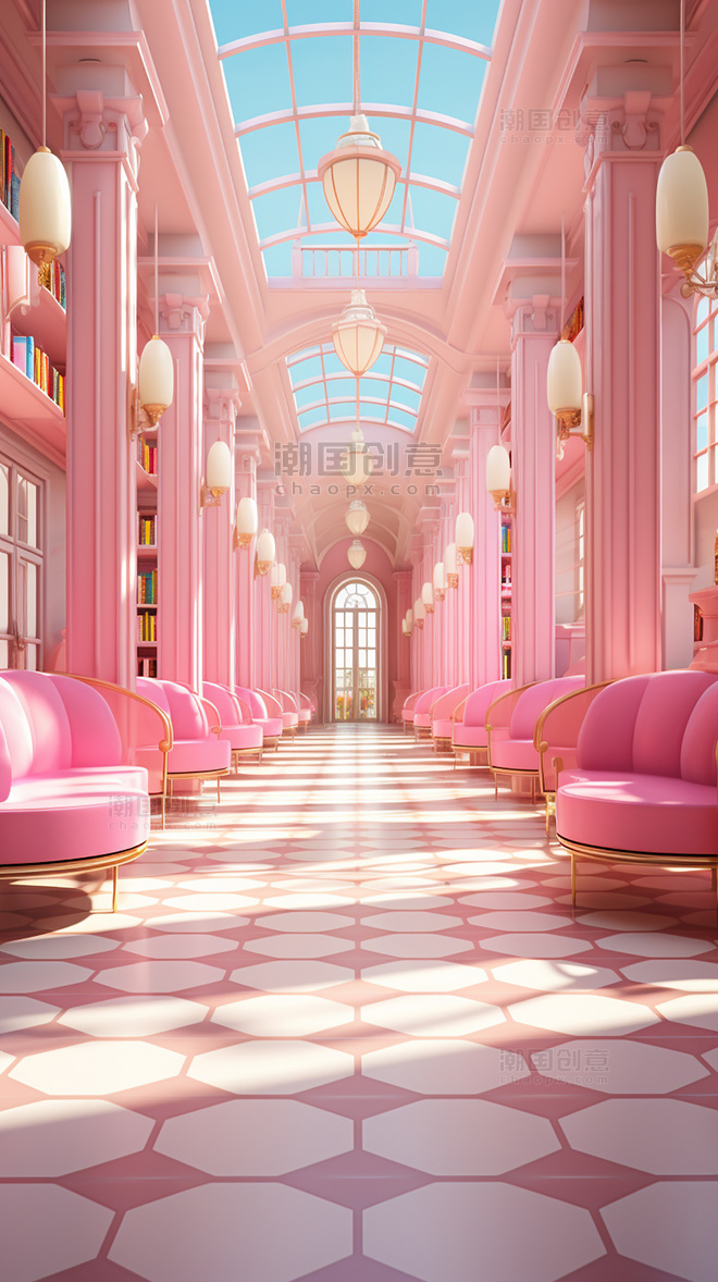 潮流立体空间长廊背景宫殿欧式建筑粉色