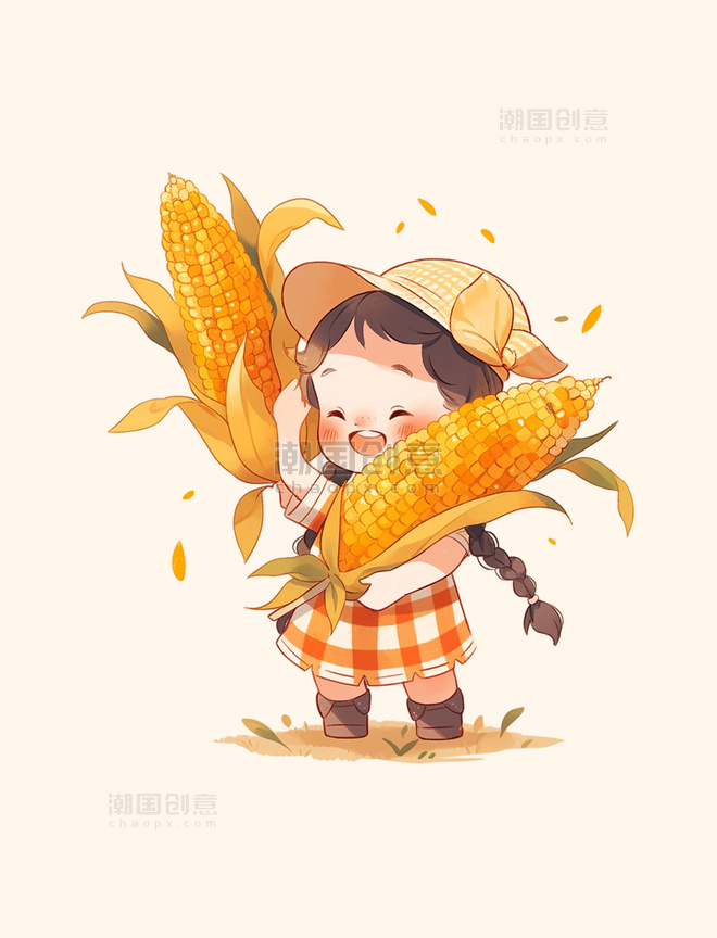 秋天卡通丰收玉米手绘人物元素