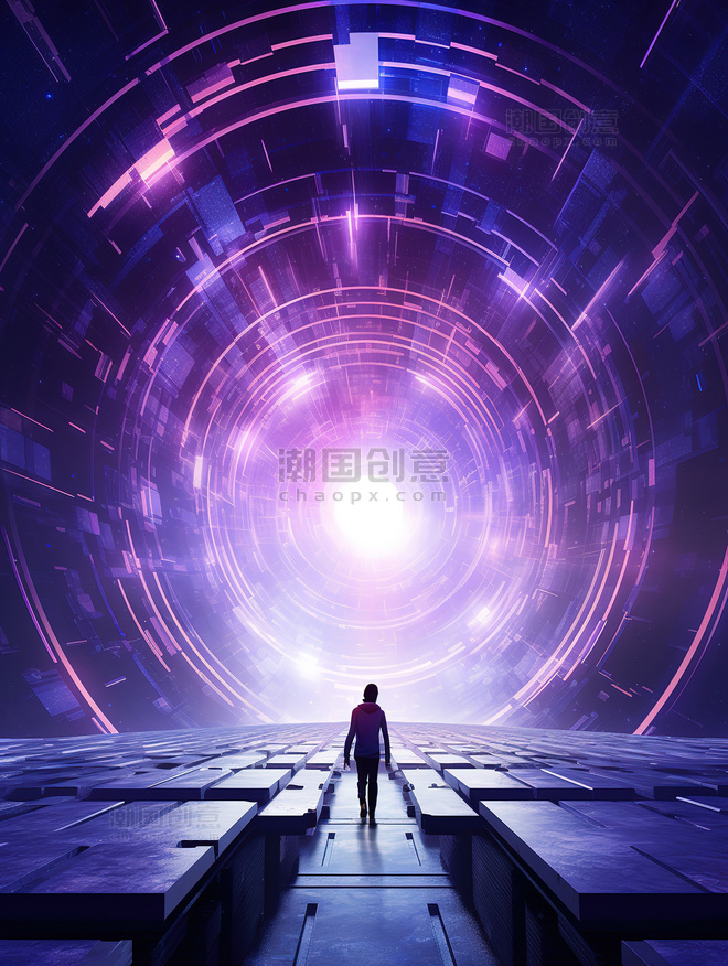 紫色站在前方的未来隧道 科幻赛博朋克