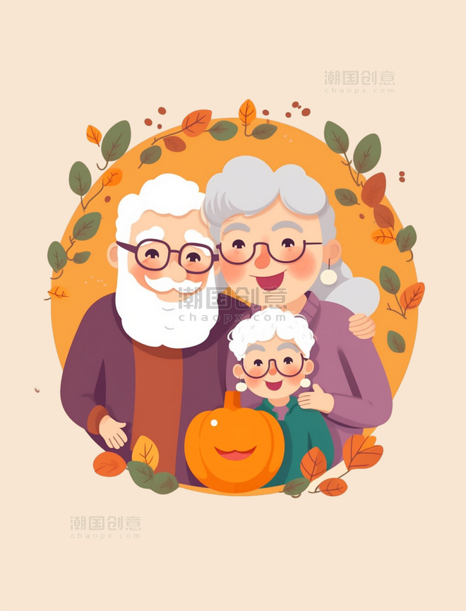 卡通国际祖父母日插图重阳节团圆团聚人物