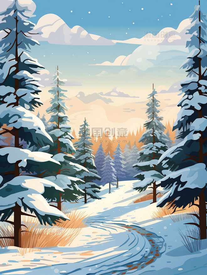 冬天森林松树雪景插画冬天树林风景