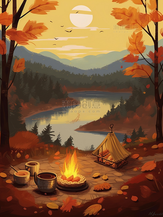 秋天野外露营篝火野餐插画秋天树林风景