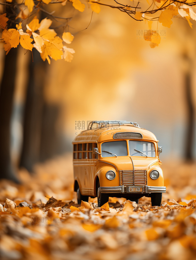 秋季出行秋天森林的巴士微观场景插画