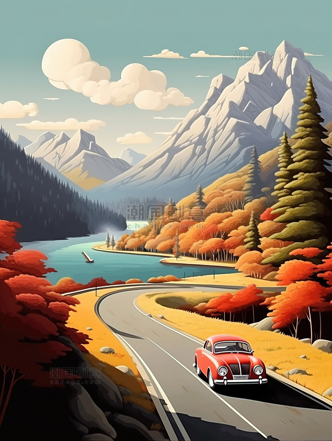 汽车在山路行驶风景如画秋天出行秋天树林风景秋游