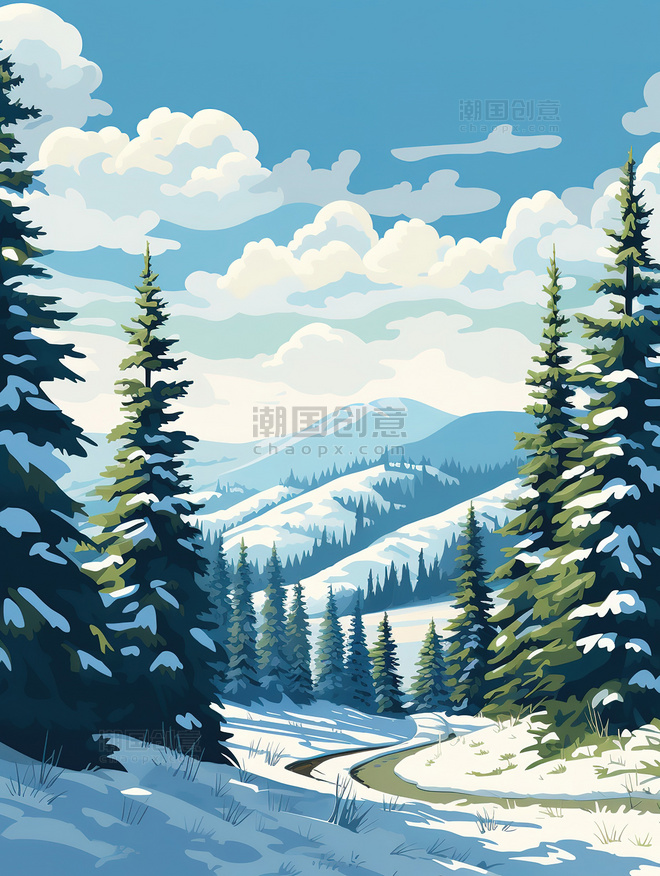 冬天森林松树雪景插画冬季树林风景
