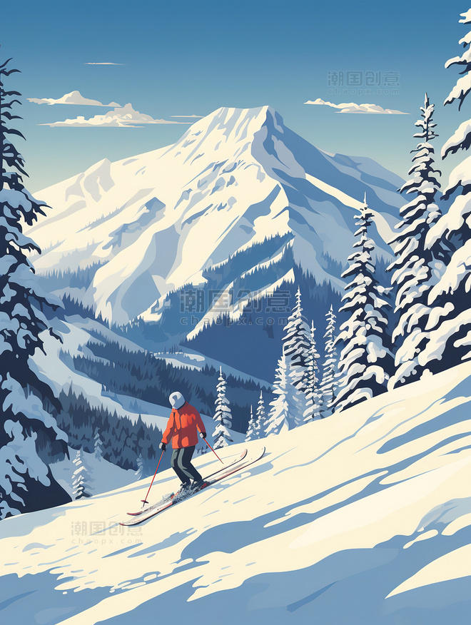 滑雪运动员在雪山滑雪插画秋天秋季旅行风景