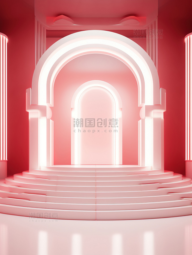 红色电商红白灯光背景欧式复古拱门