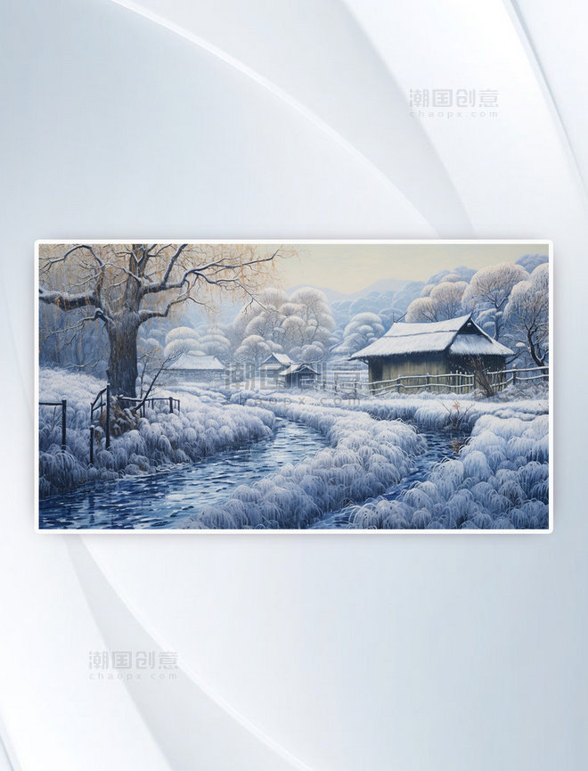 乡村房屋树木草地雪景自然风景插画冬天冬季