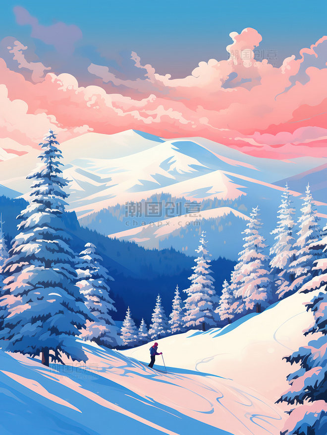 白雪皑皑山坡上的雪景运动员滑雪冬天滑雪树林风景插画