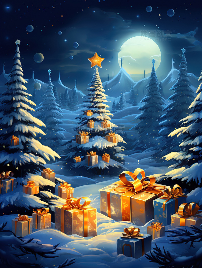 蓝色的夜晚圣诞树礼物盒插画