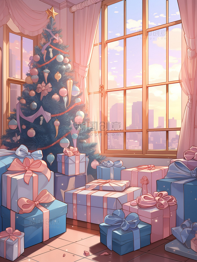 粉色圣诞节布置的房间插画