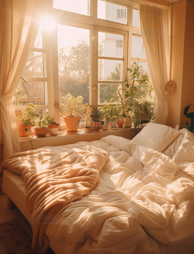 阳光光线透过明亮卧室家居背景摄影图