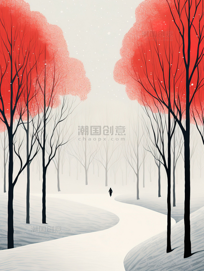 极简冬季浅红色插图冬天雪地雪景秋天