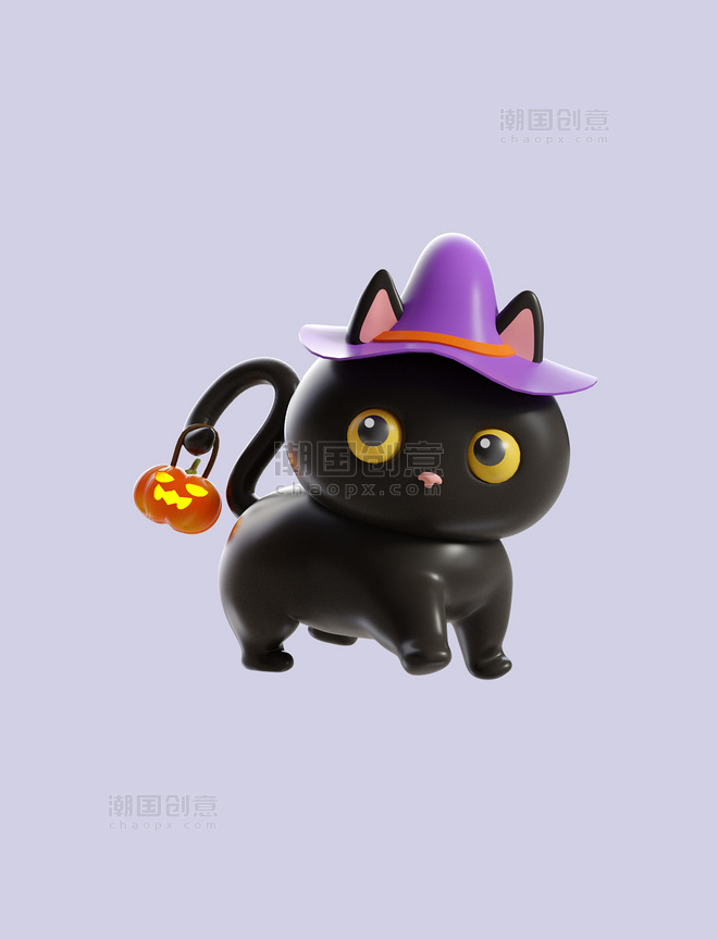 3D万圣节南瓜黑猫装饰元素