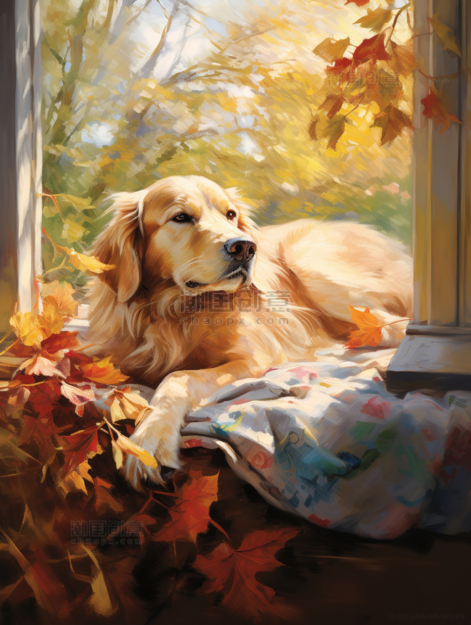 宠物金毛躺在柔软的垫子秋冬动物狗