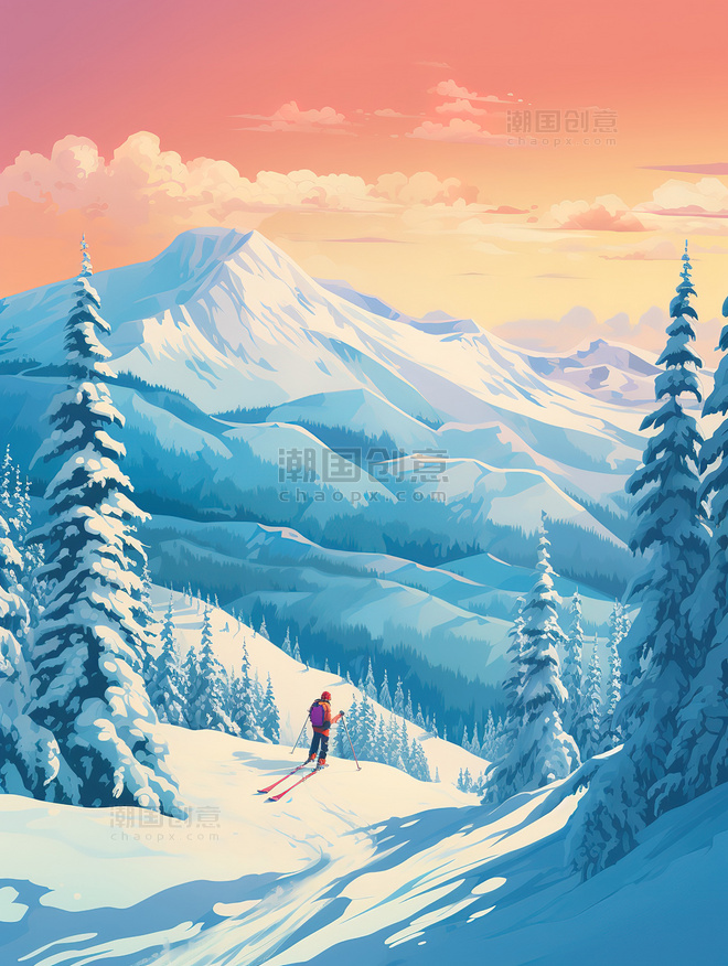 白雪皑皑山坡上的雪景运动员滑雪插画