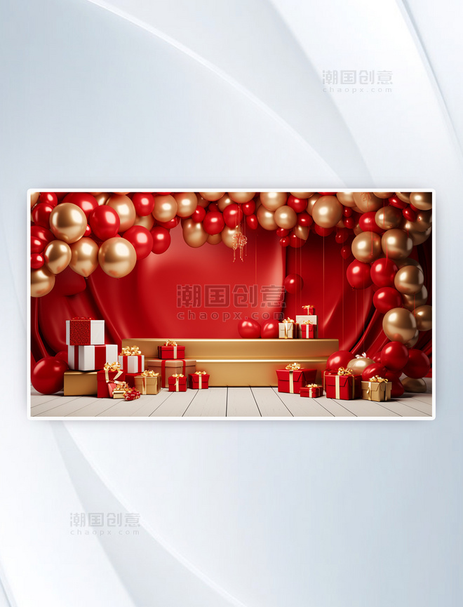 喜庆红色圣诞节拱形气球电商促销展台背景