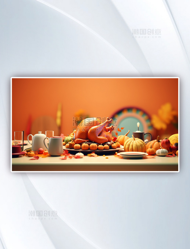 一桌丰盛的烤火鸡南瓜美食感恩节背景摄影图