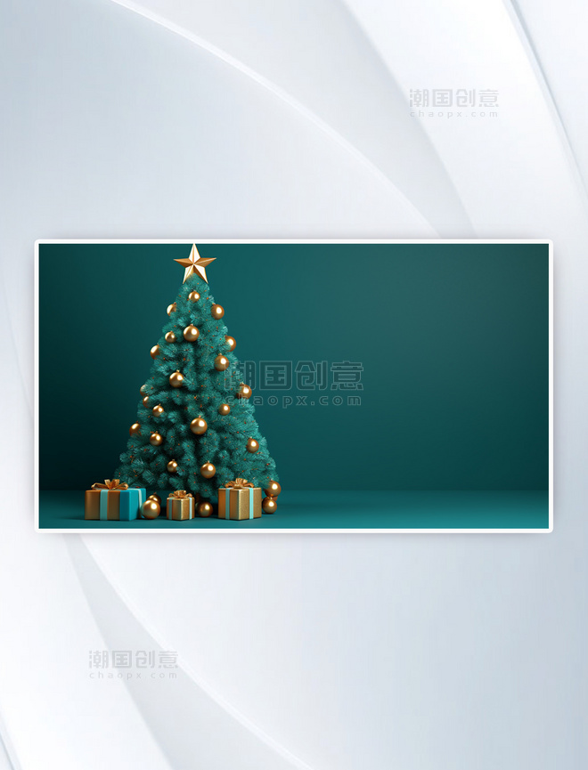 3D立体绿色圣诞树礼物背景