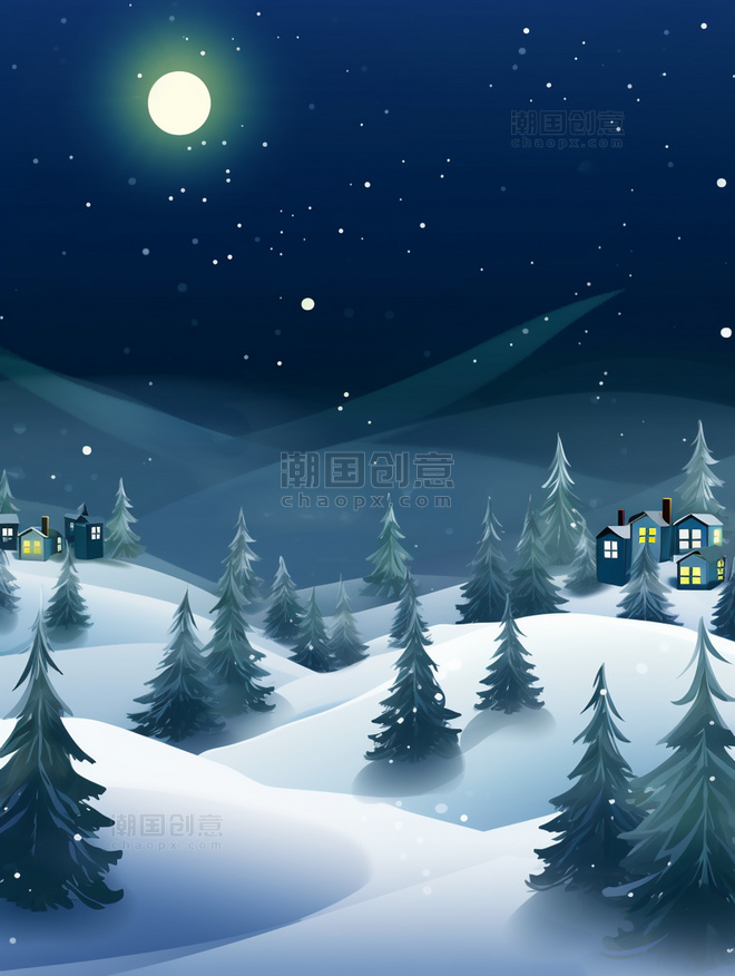 小村庄冬季圆月星空下的雪山背景冬天冬季冬日