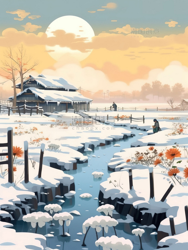 冬季美丽的风景雪景插画