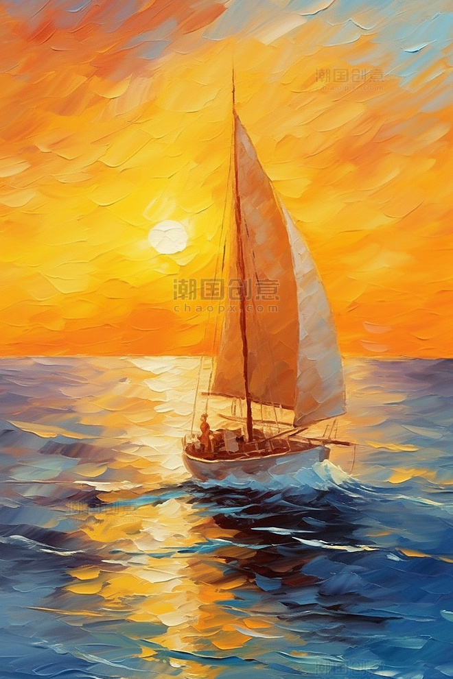 浪漫唯美夕阳晚霞落日大海航行一艘帆船帆船橙色油画装饰画