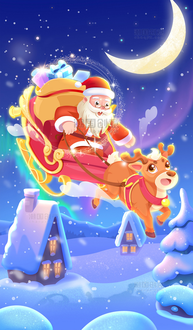 圣诞节手绘创意插画圣诞老人送礼物麋鹿