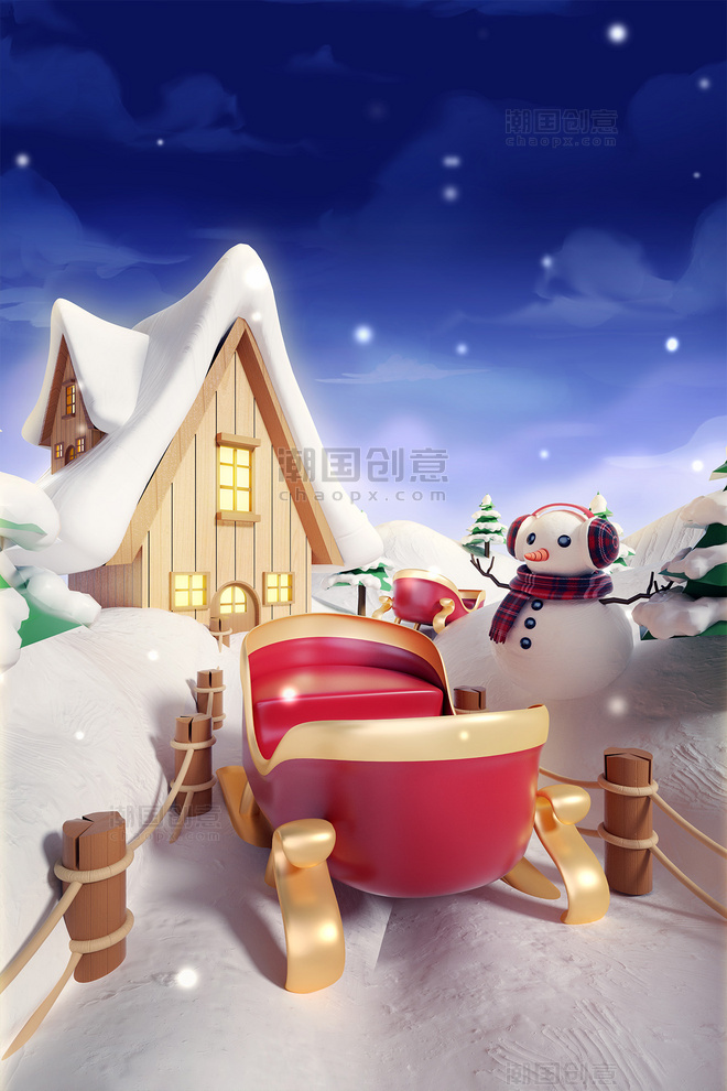 3D冬天冬季下雪圣诞节雪橇圣诞场景
