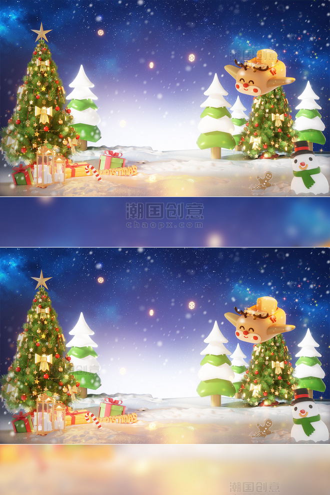 圣诞节3D立体冬日雪天圣诞树雪人场景横板