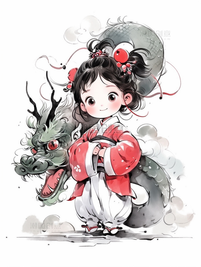 中国传统水墨画风可爱女孩和龙人物插画