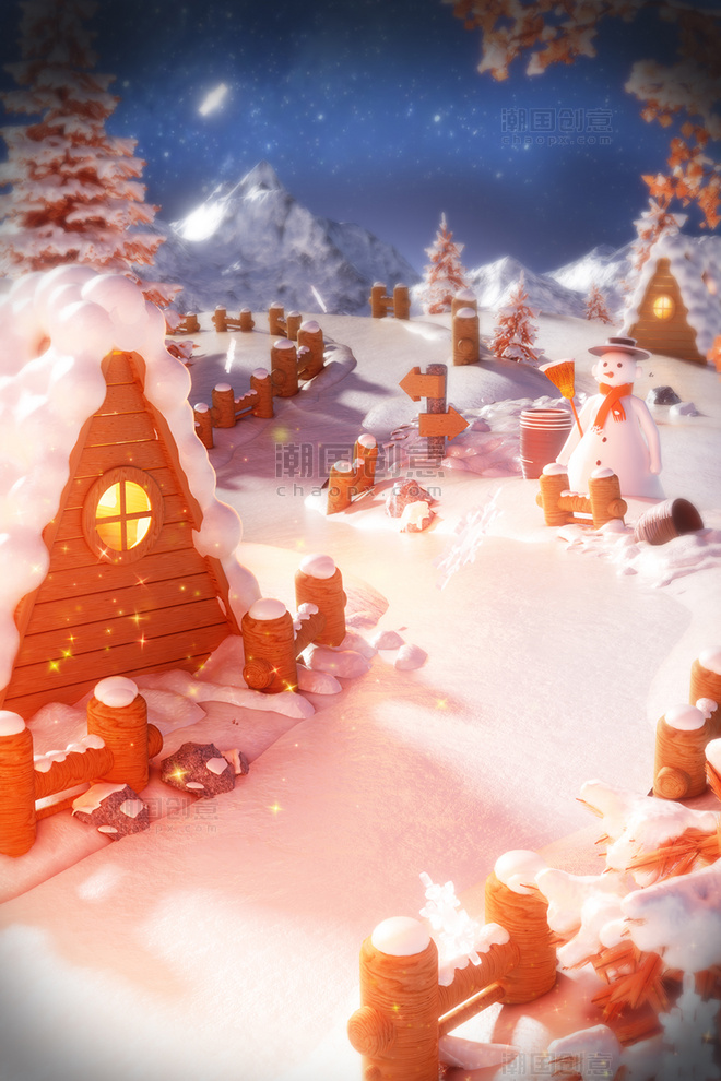 冬季3D立体冬天小屋雪地雪人场景