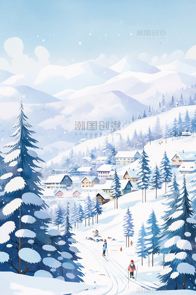 冬天手绘冬季冬日雪山松树水彩插画雪景风景