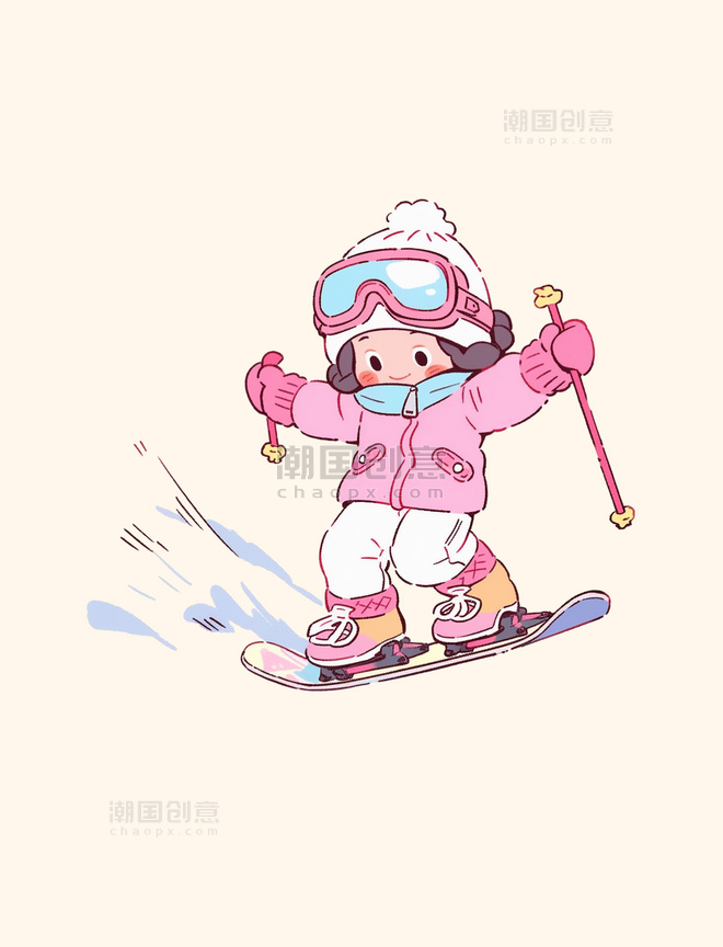 冬天手绘滑雪的女孩卡通人物元素