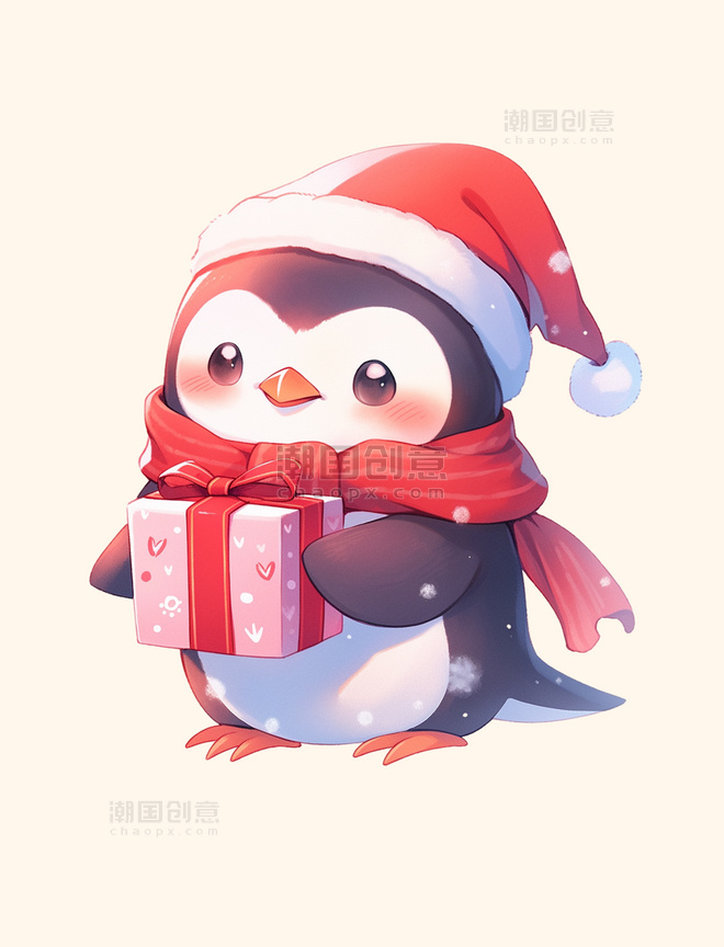 冬天可爱的企鹅卡通手绘动物拿着礼物元素