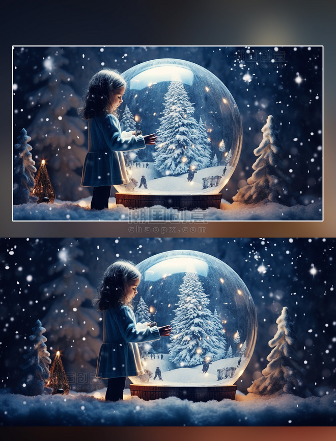 圣诞节蓝色夜景女孩水晶球圣诞树背景