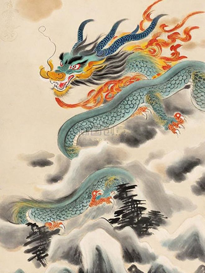 水墨祥云里的龙国潮中国风龙东方龙插画图片_潮国创意