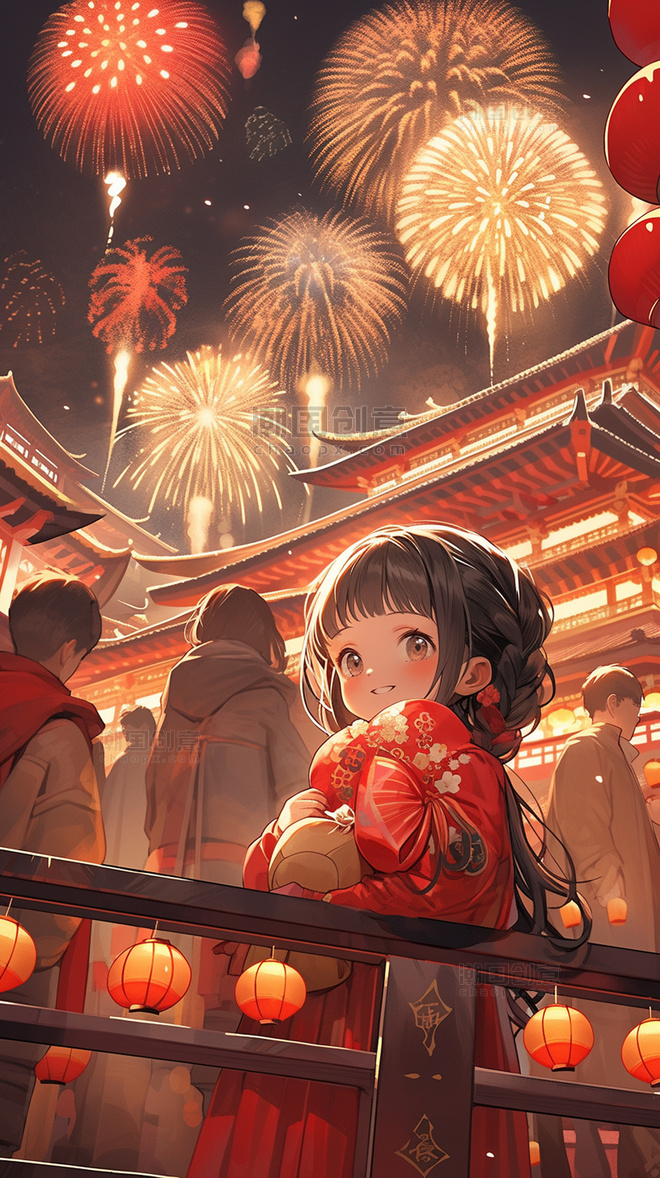 春节新年跨年欣赏烟花的热闹街景集市场景手绘插