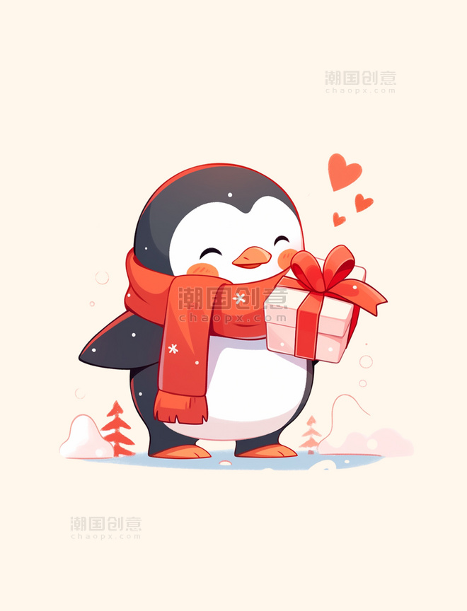 可爱的企鹅拿着礼物冬天卡通手绘动物元素