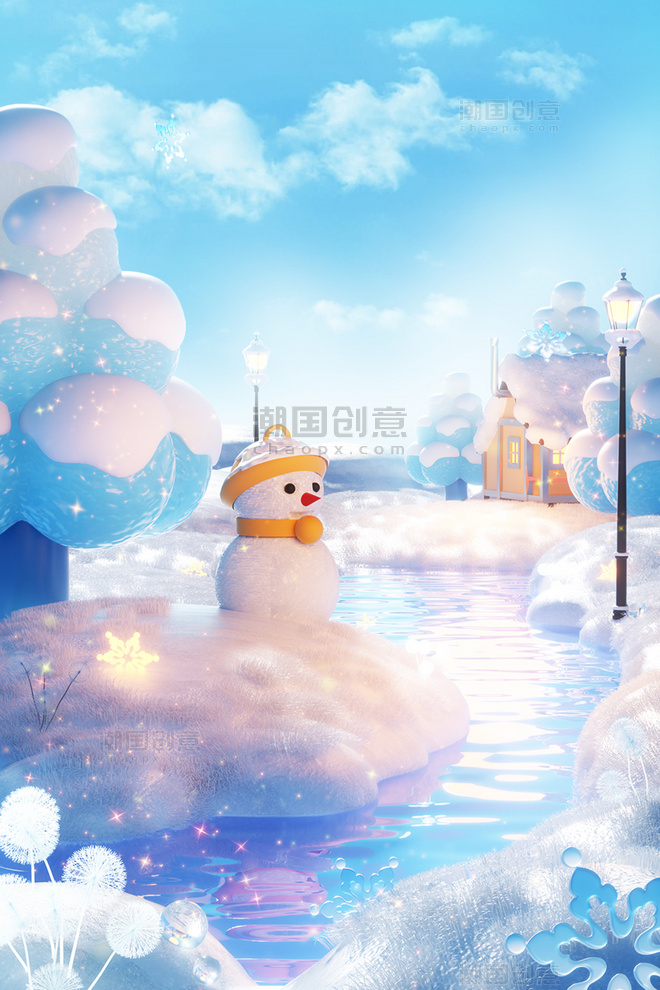 冬季冬日冬天3D立体雪人雪天梦幻电商场景